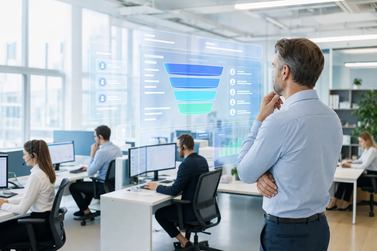 Руководитель отдела продаж анализирует автоматизированную воронку CRM